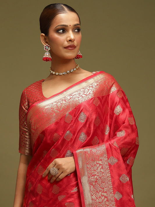Ruby Red Vichitra Silk Intricate Zari Weaving Saree