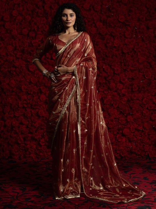 Matallic Orange Super Net Saree