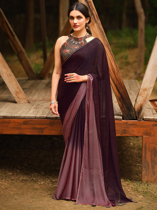 Wine & Mauve Ombre Chiffon Saree with Floral Blouse