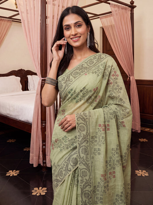 Sage Green Ethnic Block Print Cotton Saree