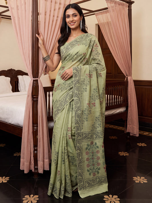 Sage Green Ethnic Block Print Cotton Saree
