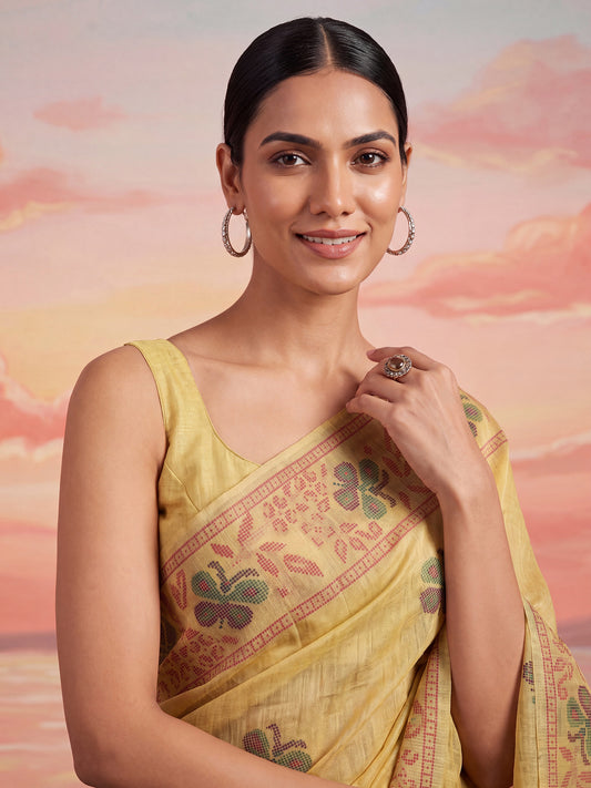 Lemon Yellow Ethnic Block Print Cotton Saree