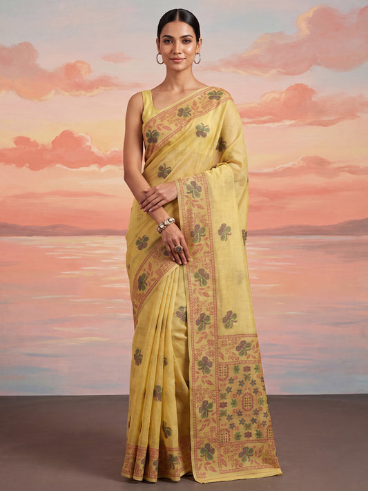 Lemon Yellow Ethnic Block Print Cotton Saree