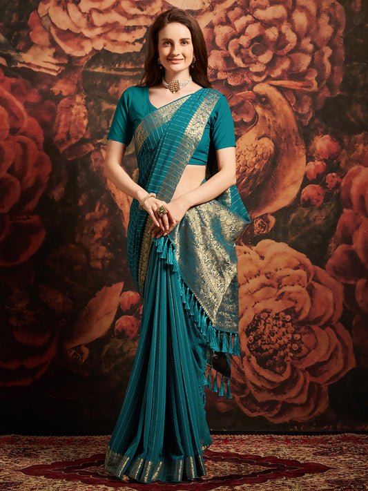 Teal Banarasi Silk Saree with Zari Border & Tassels
