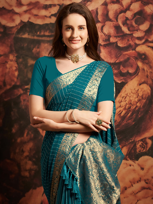 Teal Banarasi Silk Saree with Zari Border & Tassels