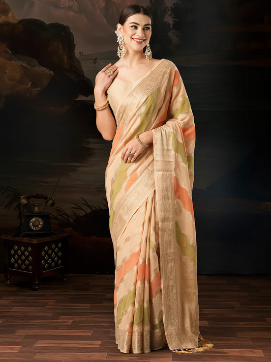 Beige Floral Georgette Saree with Jari Border