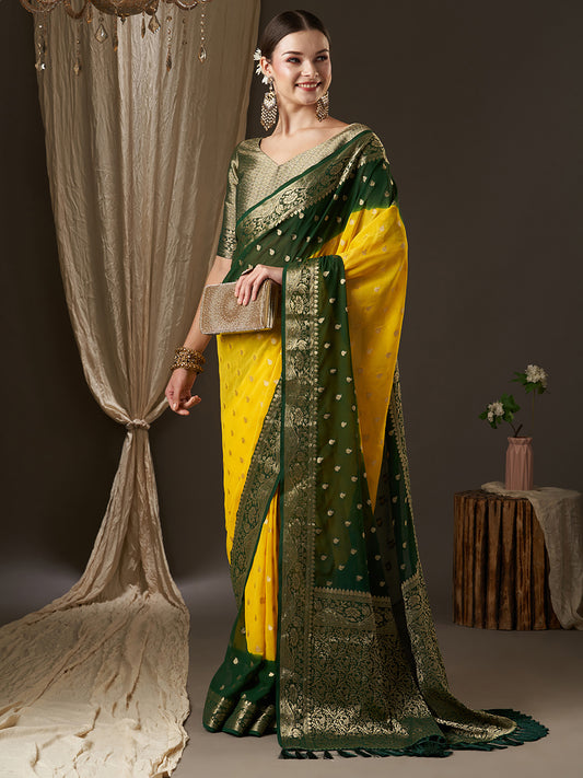 Yellow Green Ombre Floral Georgette Saree