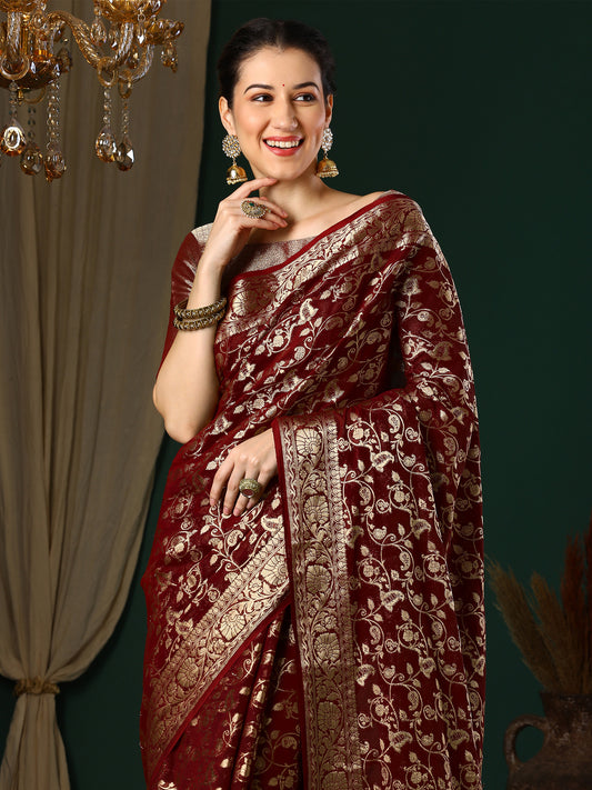 Maroon Floral Georgette Saree with Jari Border