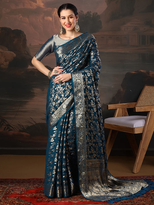 Teal Blue Georgette Banarasi Silk Saree