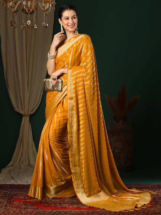 Yellow Floral Georgette Saree with Jari Border