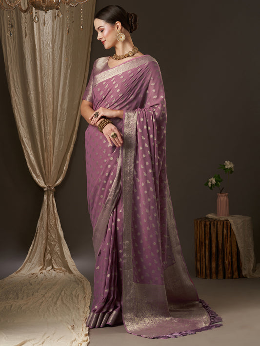 Mauve Floral Georgette Saree with Jari Border