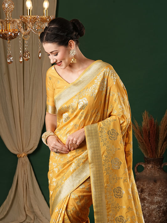 Yellow Floral Georgette Saree with Jari Border