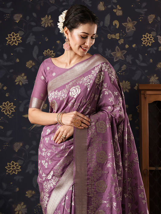 Wine Floral Zari Woven Georgette Saree