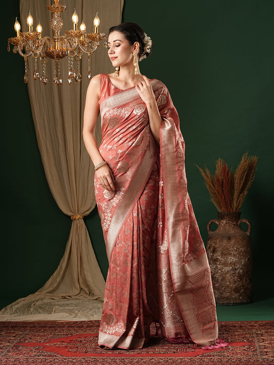 Peach Floral Georgette Saree with Jari Border