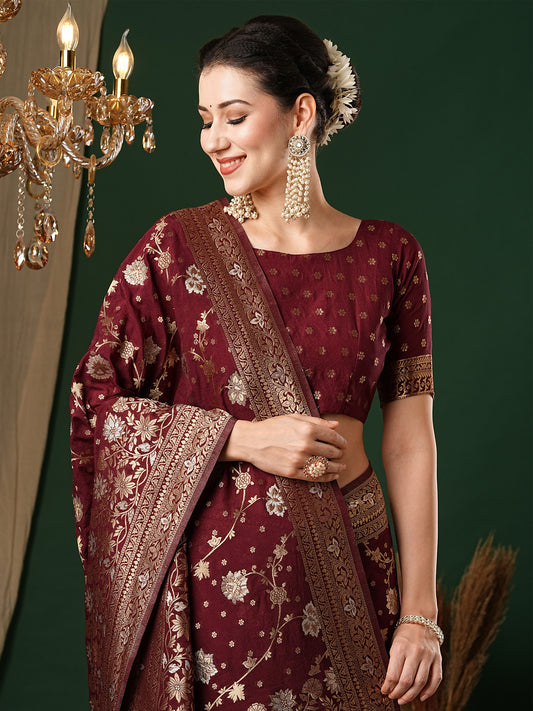 Wine Floral Georgette Saree with Jari Border