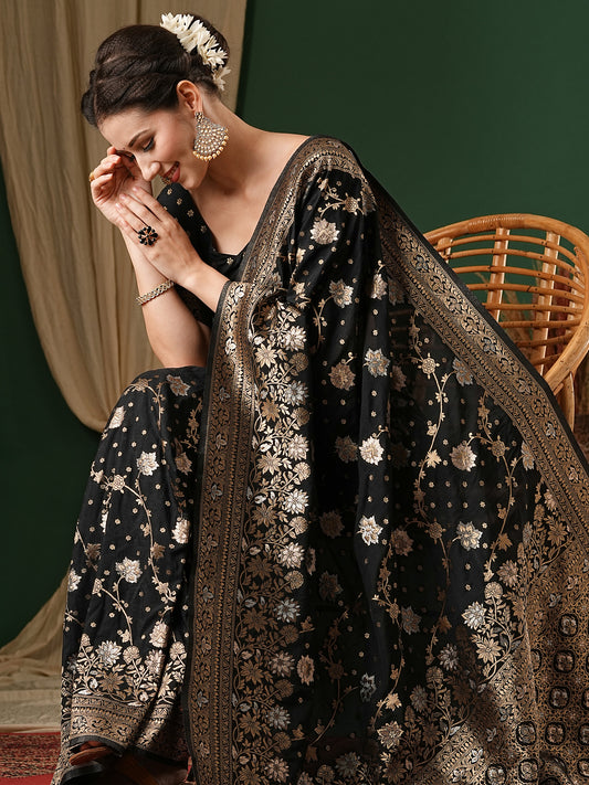 Black Zari Floral Silk Saree with Zari Border