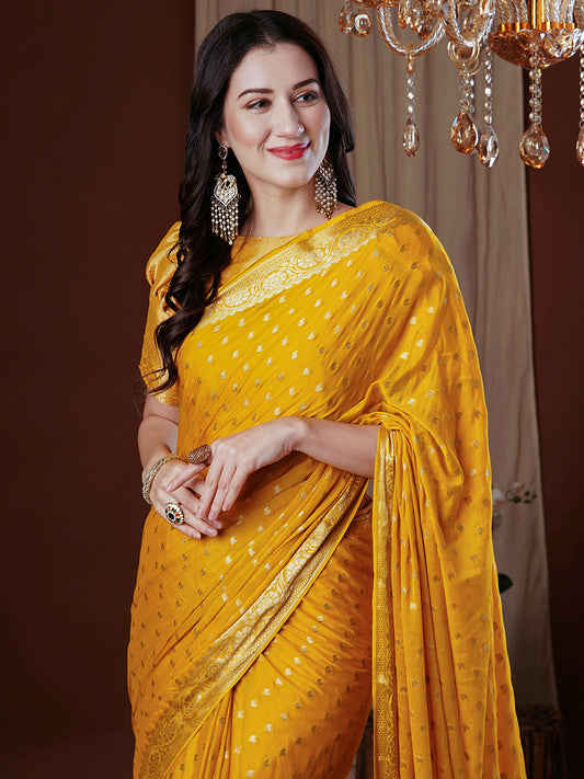 Yellow Floral Georgette Saree with Jari Border