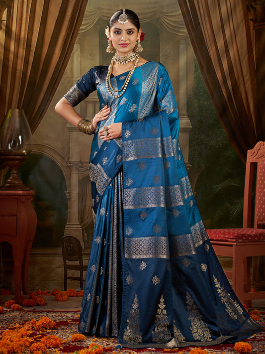 Teal Blue Banarasi Silk Heritage Zari Weave Saree