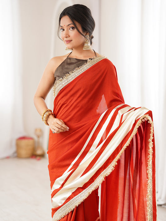 Red and Cream Striped Georgette Saree with Zari Lace