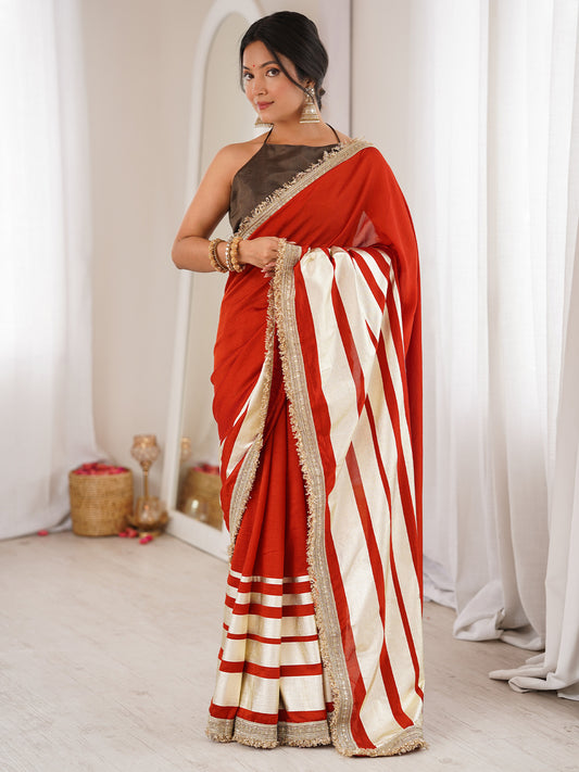 Red and Cream Striped Georgette Saree with Zari Lace