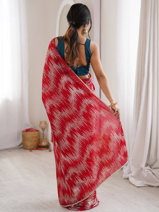 Red Georgette Saree with Silver Leheriya Foil Print
