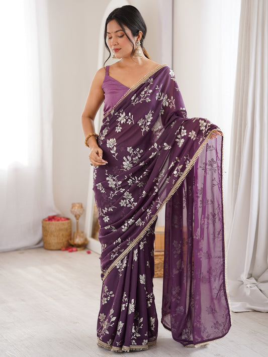 Plum Purple Georgette Saree with Silver Floral Foil Print