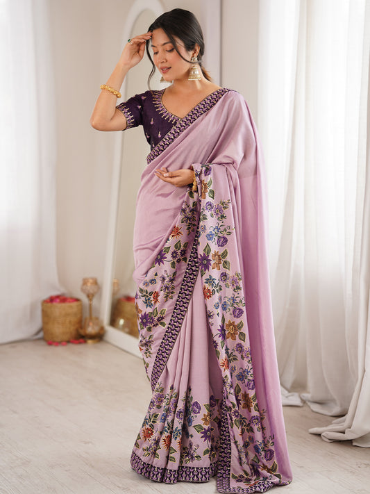 Lavender Georgette Saree with Floral Digital Print