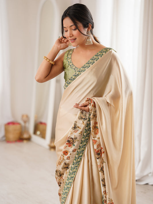 Cream Satin Georgette Saree with Floral Digital Print