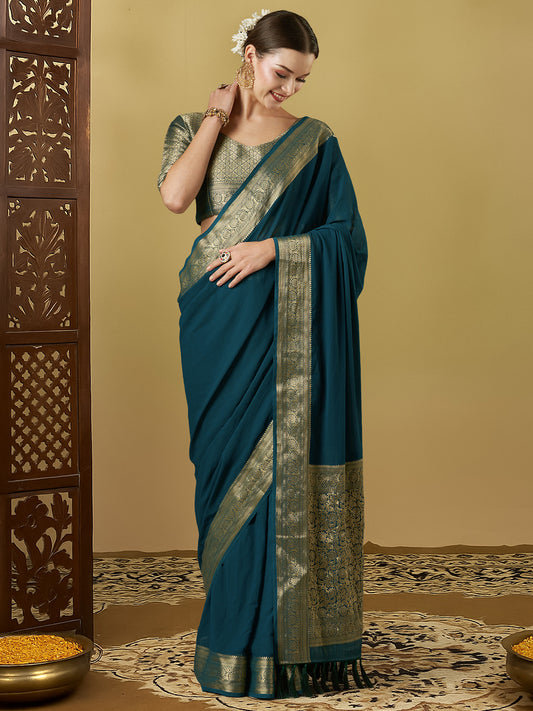 Teal BLue Floral Georgette Saree