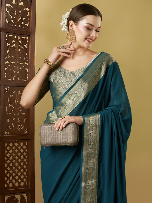 Teal BLue Floral Georgette Saree