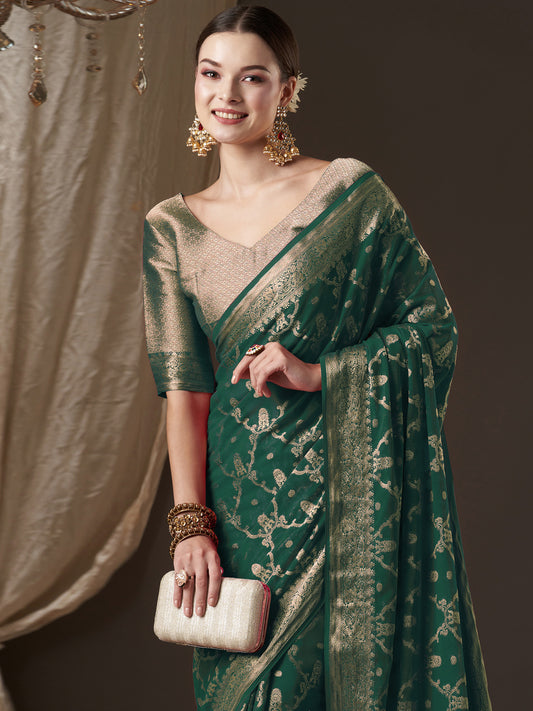 Green Floral Georgette Saree with Jari Border