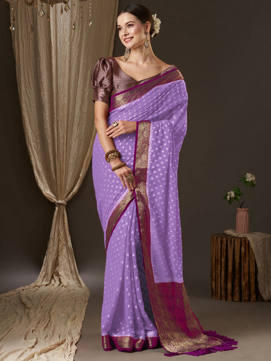 Lavender Floral Silk Saree with Zari Woven