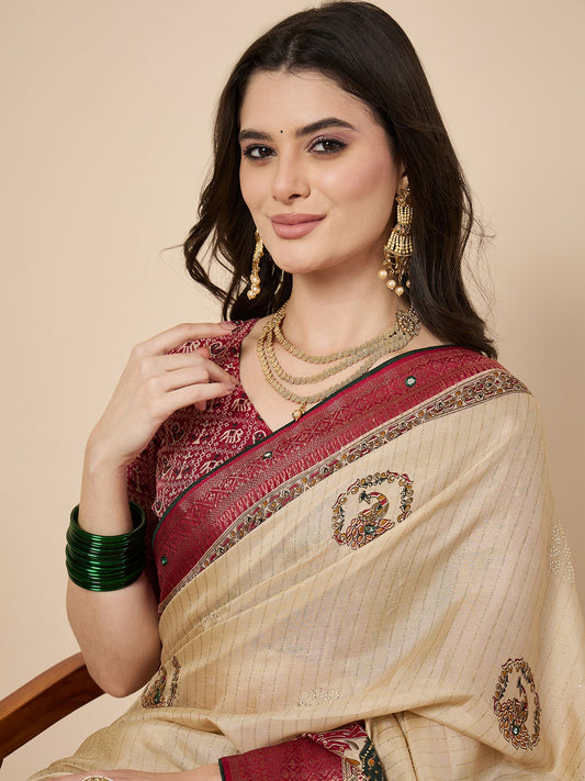 Cream & Red Kalamkari Silk Saree with Peacock Motifs