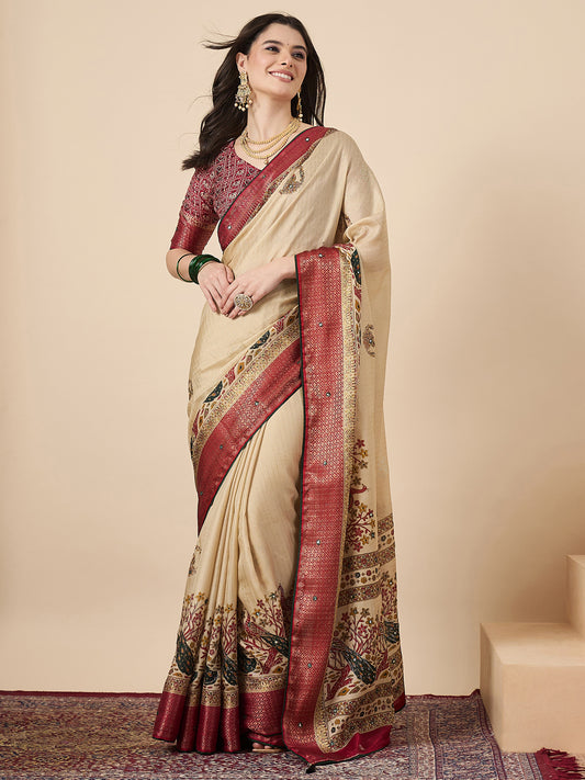 Cream & Red Kalamkari Silk Saree with Peacock Motifs