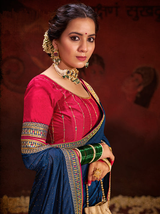 Royal Blue Silk Saree with Embroidered Border