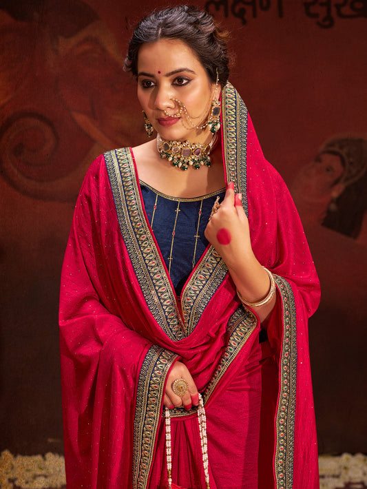 Deep Pink Vichitra Silk  Embroidered Zari Border Stone Saree
