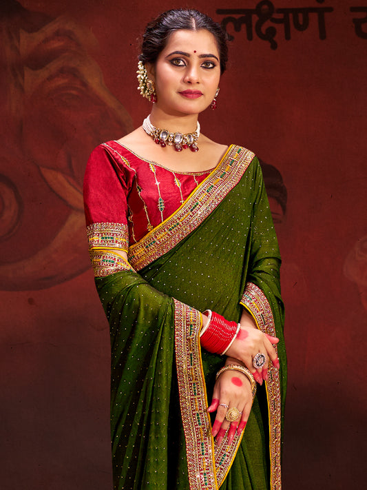Mehndi Green Silk Saree with Red Embroidered Blouse