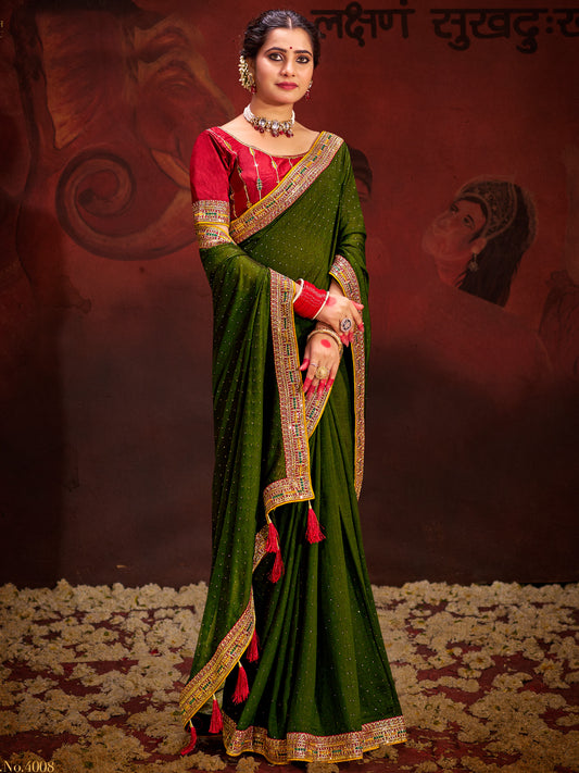 Mehndi Green Silk Saree with Red Embroidered Blouse