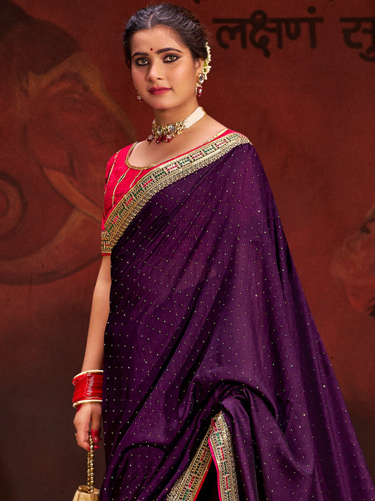Purple Vichitra Silk Saree with Embroidered Border