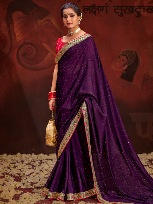 Purple Vichitra Silk Saree with Embroidered Border