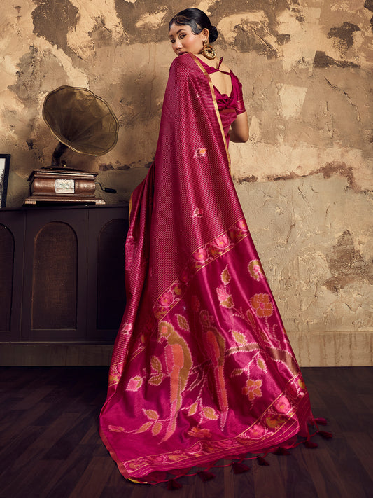 Wine Pink Patola Print Silk Saree with Zari Self-Check Work
