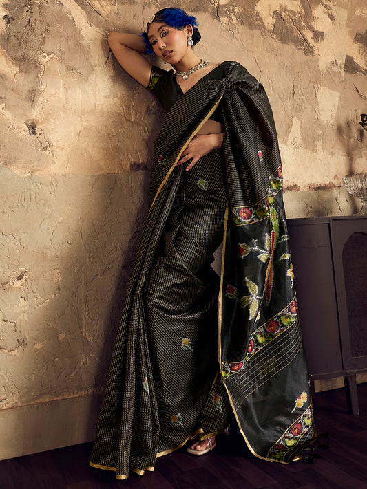Black Ikat Patola Silk Blend Saree with Zari Border