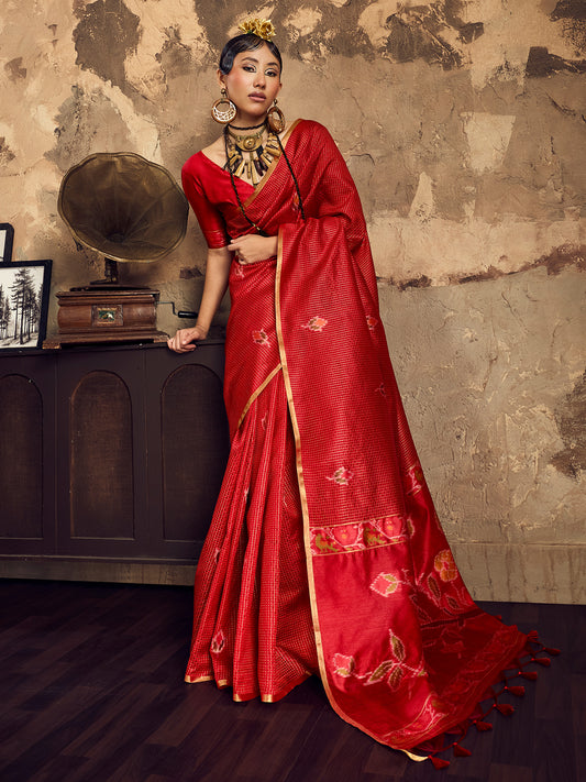 Crimson Red Patola Print Silk Saree with Zari Self-Check Work