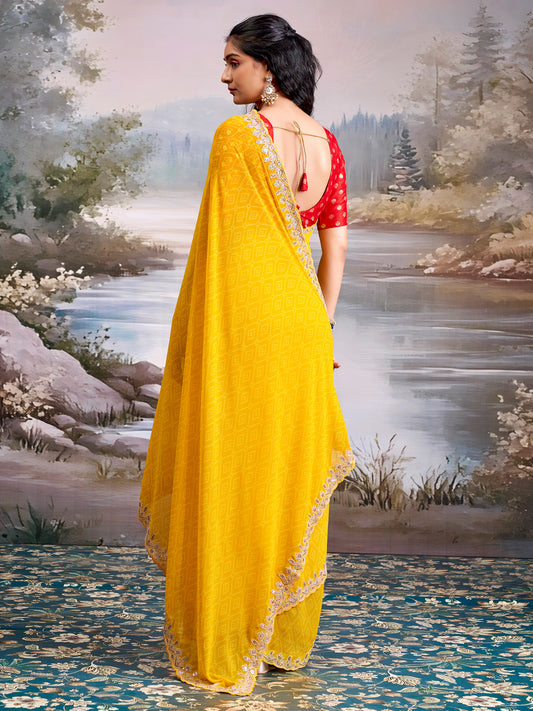 Yellow Georgette Saree with Scalloped Embroidered Border