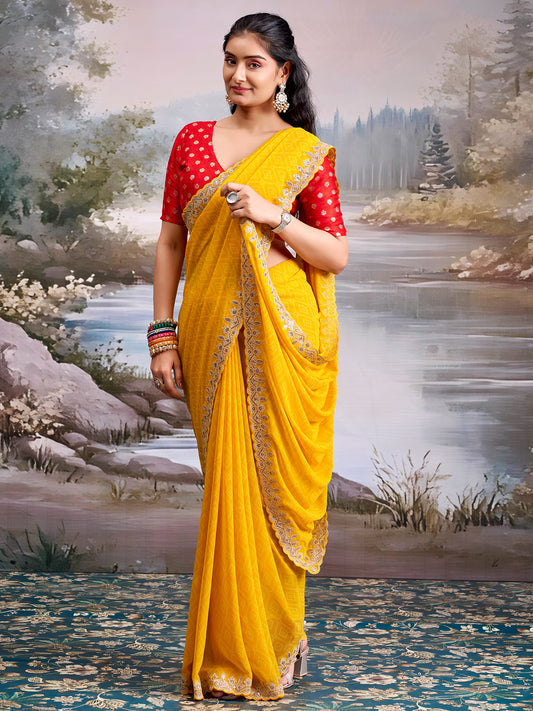 Yellow Georgette Saree with Scalloped Embroidered Border