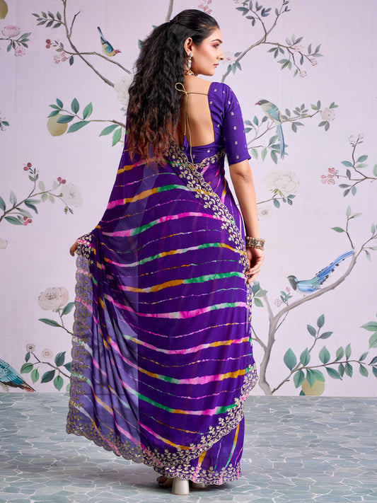 Purple Leheriya Georgette Saree with Embroidered Border