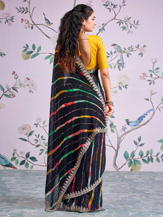 Black Leheriya Georgette Saree with Embroidered Border