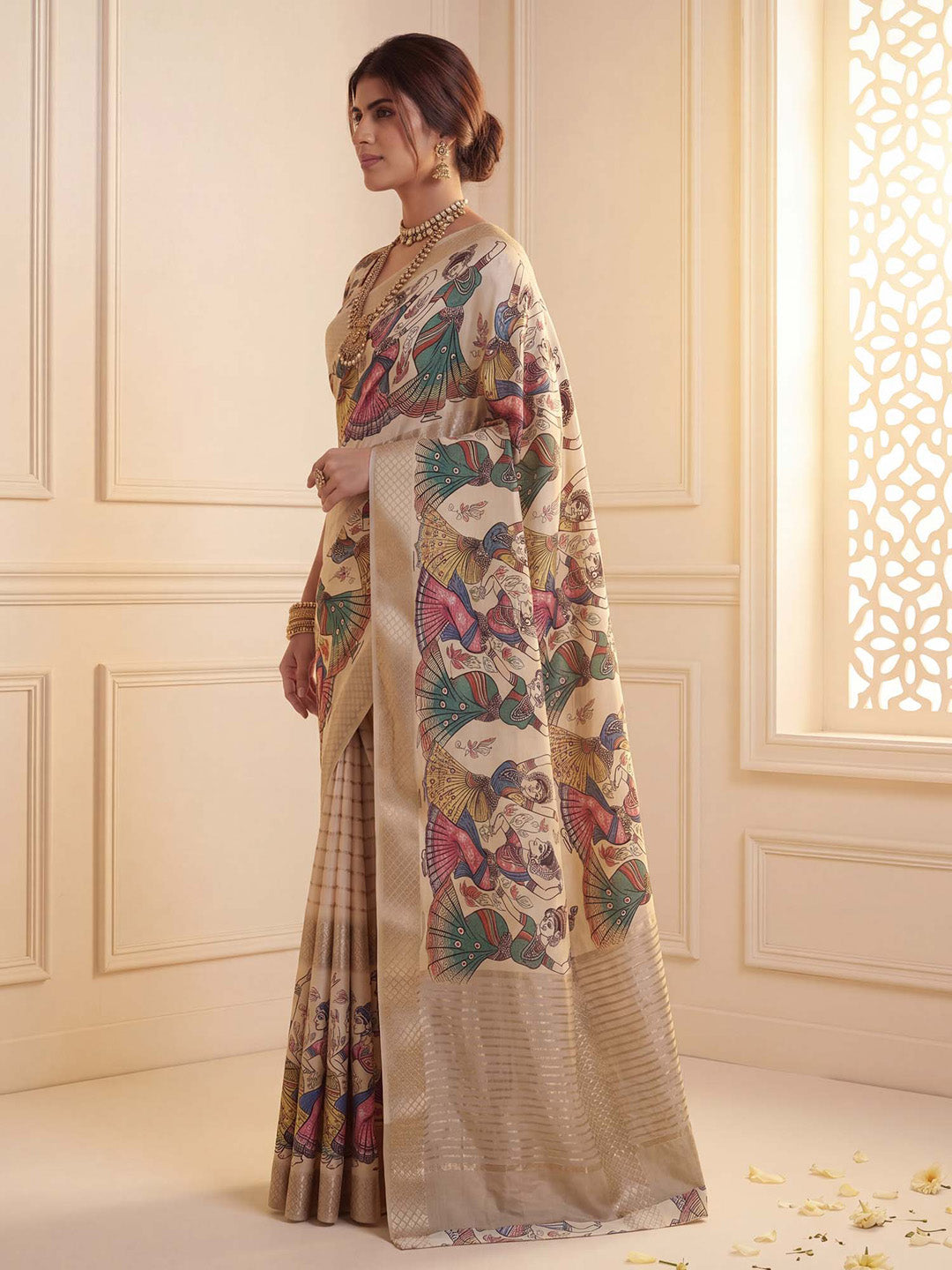 flok design sarees 
flok collection saree
beige colour saree