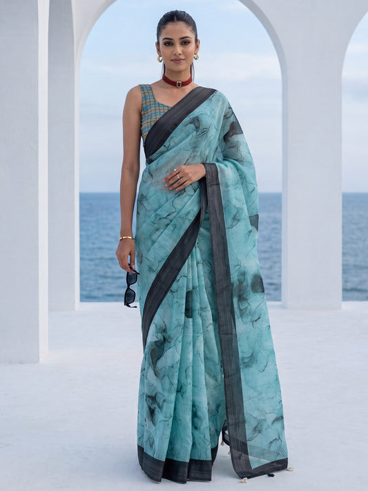 Light Blue Digital Marble Print Linen Silk Saree