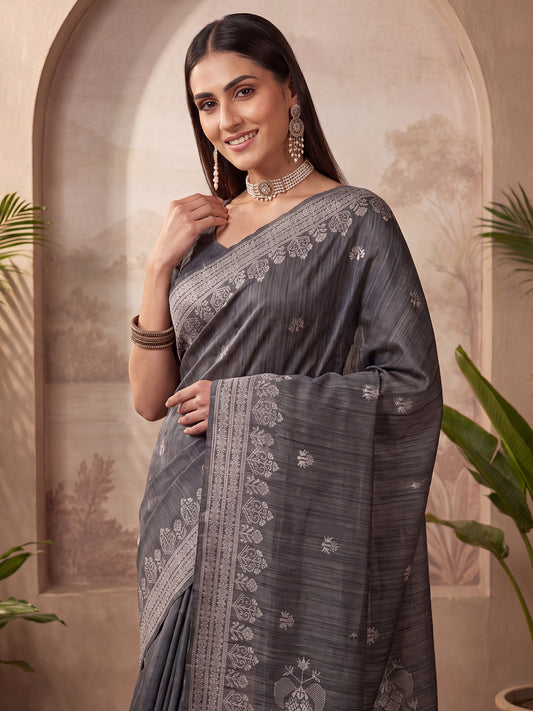 Grey Woven Saree Floral & Traditional Woven Cotton Saree